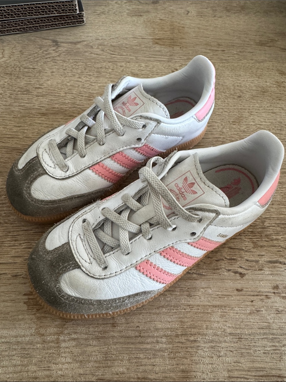 adidas Kids Classic Sneakers in White and Pink with Gum Soles, Size 10